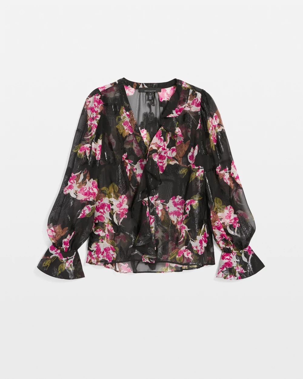 最後価格！mikiosakabe Ruffled Blouse Petite Sheer Metallic Clip Ruffle Blouse | White House Black
